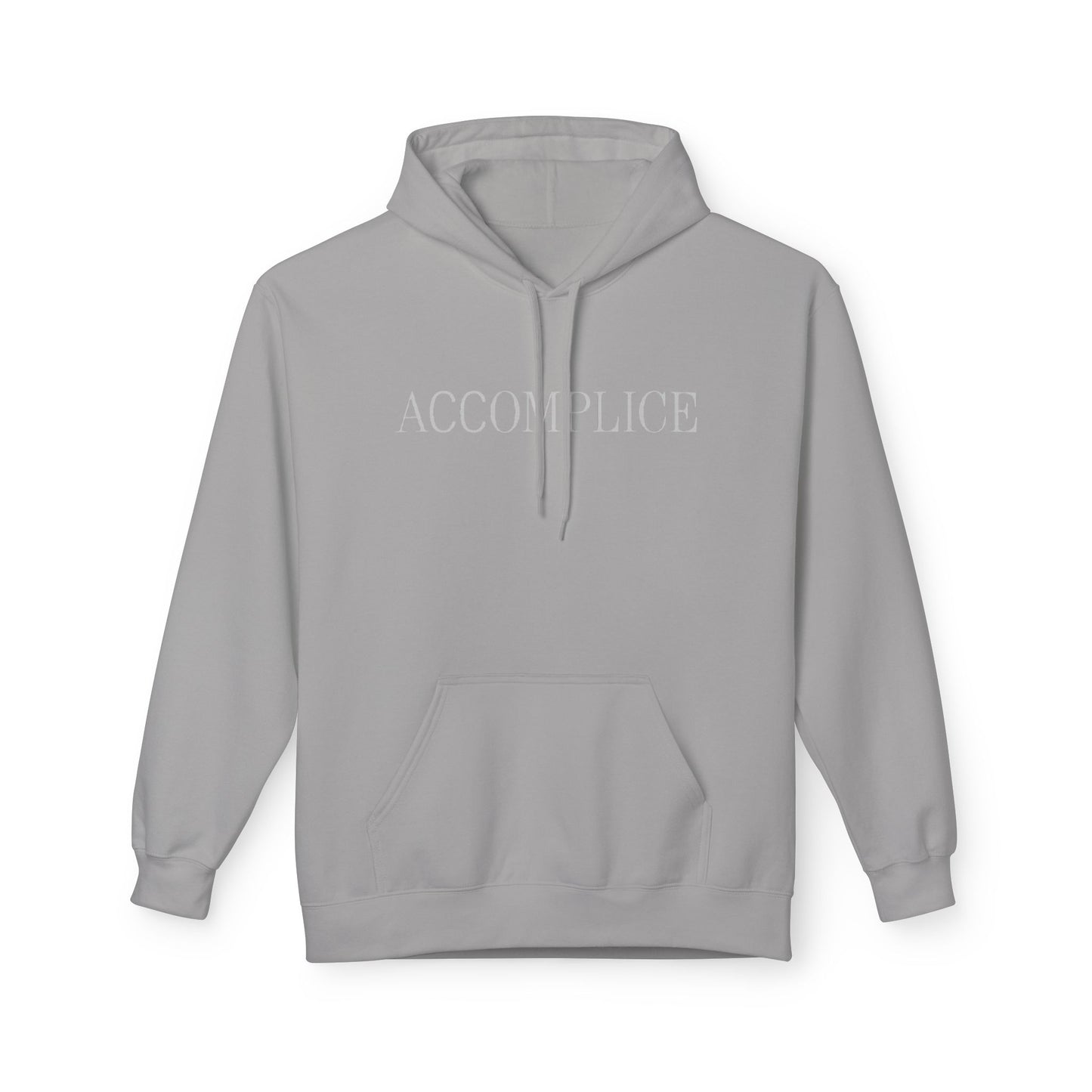 Chic Unisex Fleece Hoodie with 'ACCOMPLICE' Design, Cozy Casual Wear, Perfect for Gift Giving, Everyday Comfort, Trendy Streetwear